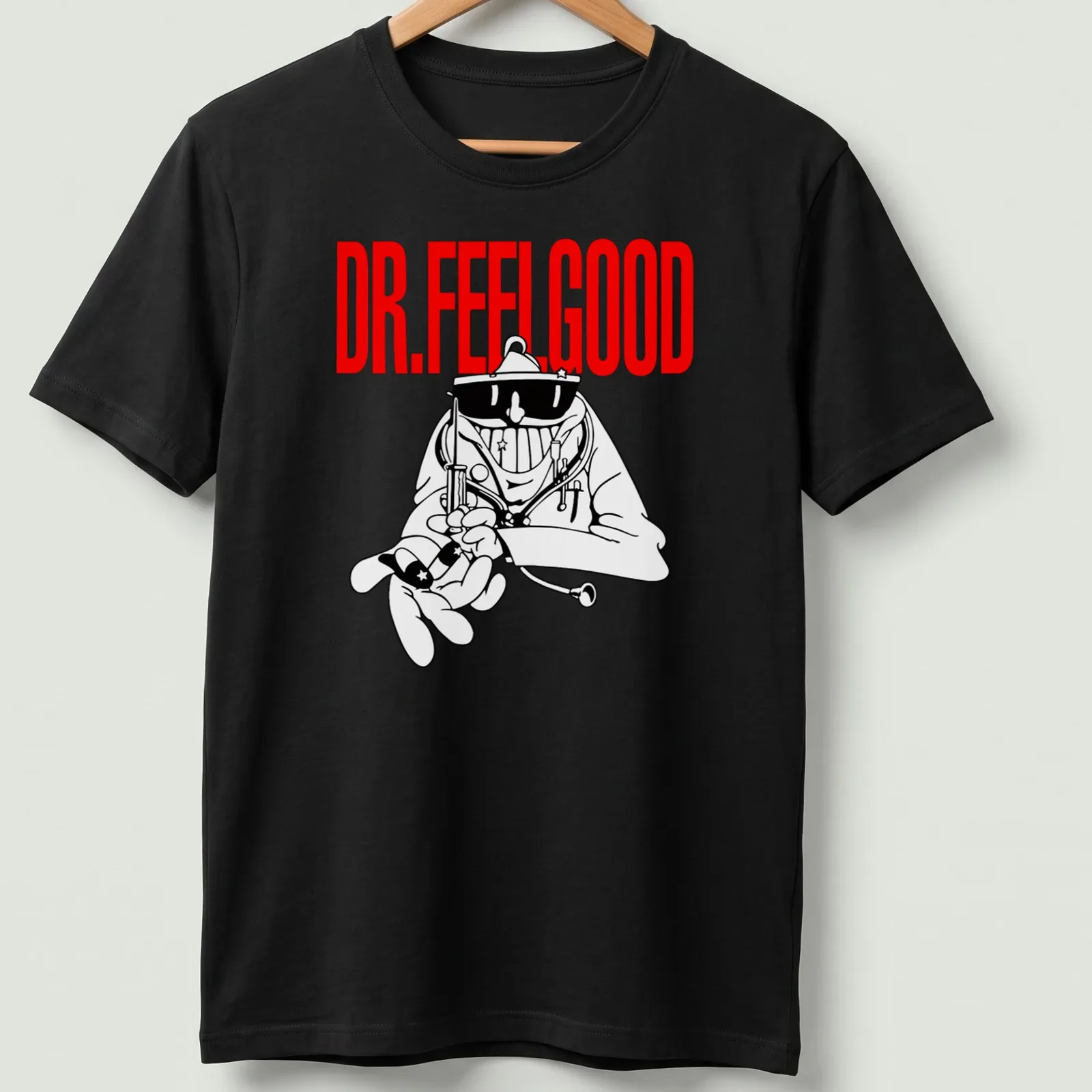 Cartoon-style Dr. Feelgood T-shirt with mad doctor illustration in red and black — printed on a unisex t-shirt