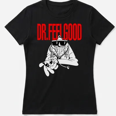 Cartoon-style Dr. Feelgood T-shirt with mad doctor illustration in red and black — printed on a women's shirt