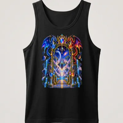 Fantasy illustration of dragons around a mystical portal with vibrant colors — printed on a tank top