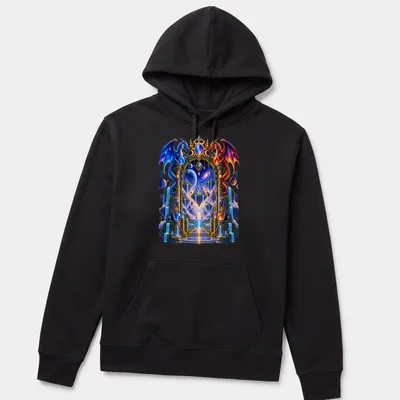 Fantasy illustration of dragons around a mystical portal with vibrant colors — printed on a unisex hoodie