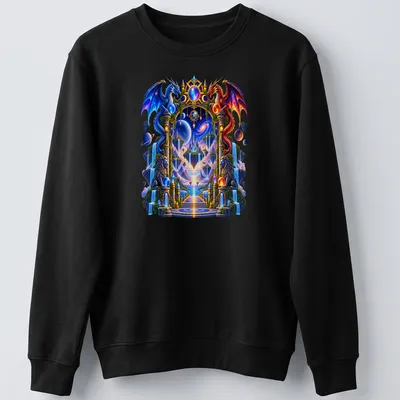 Fantasy illustration of dragons around a mystical portal with vibrant colors — printed on a unisex sweatshirt