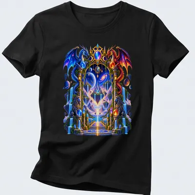Fantasy illustration of dragons around a mystical portal with vibrant colors — printed on a women's shirt