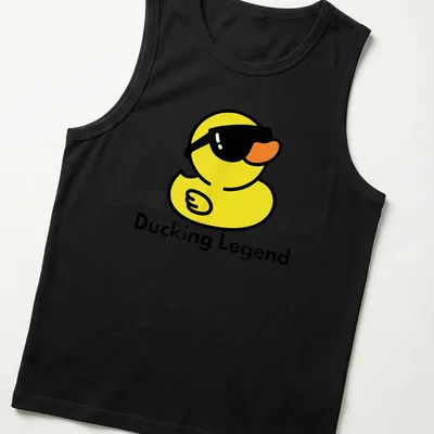 Cartoon duck in sunglasses with the words Ducking Legend printed above — printed on a tank top