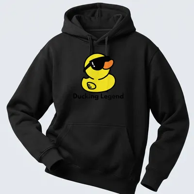 Cartoon duck in sunglasses with the words Ducking Legend printed above — printed on a unisex hoodie