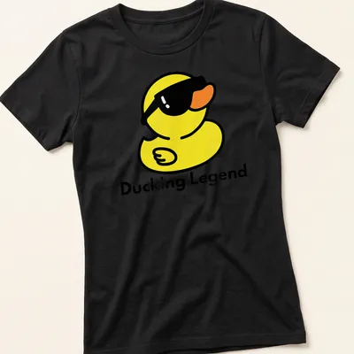 Cartoon duck in sunglasses with the words Ducking Legend printed above — printed on a women's shirt