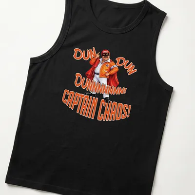 Bold cartoon print of a superhero with text "DUN DUN DUNNNNNNN! CAPTAIN CHAOS!" in orange and black. — printed on a tank top