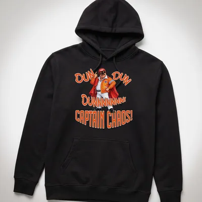 Bold cartoon print of a superhero with text "DUN DUN DUNNNNNNN! CAPTAIN CHAOS!" in orange and black. — printed on a unisex hoodie