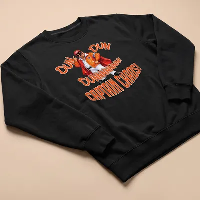 Bold cartoon print of a superhero with text "DUN DUN DUNNNNNNN! CAPTAIN CHAOS!" in orange and black. — printed on a unisex sweatshirt