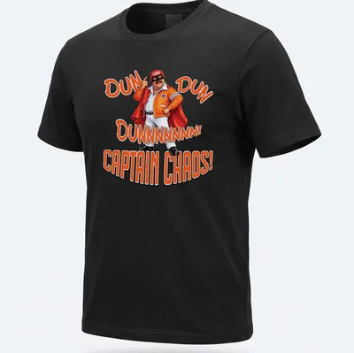 Bold cartoon print of a superhero with text "DUN DUN DUNNNNNNN! CAPTAIN CHAOS!" in orange and black.