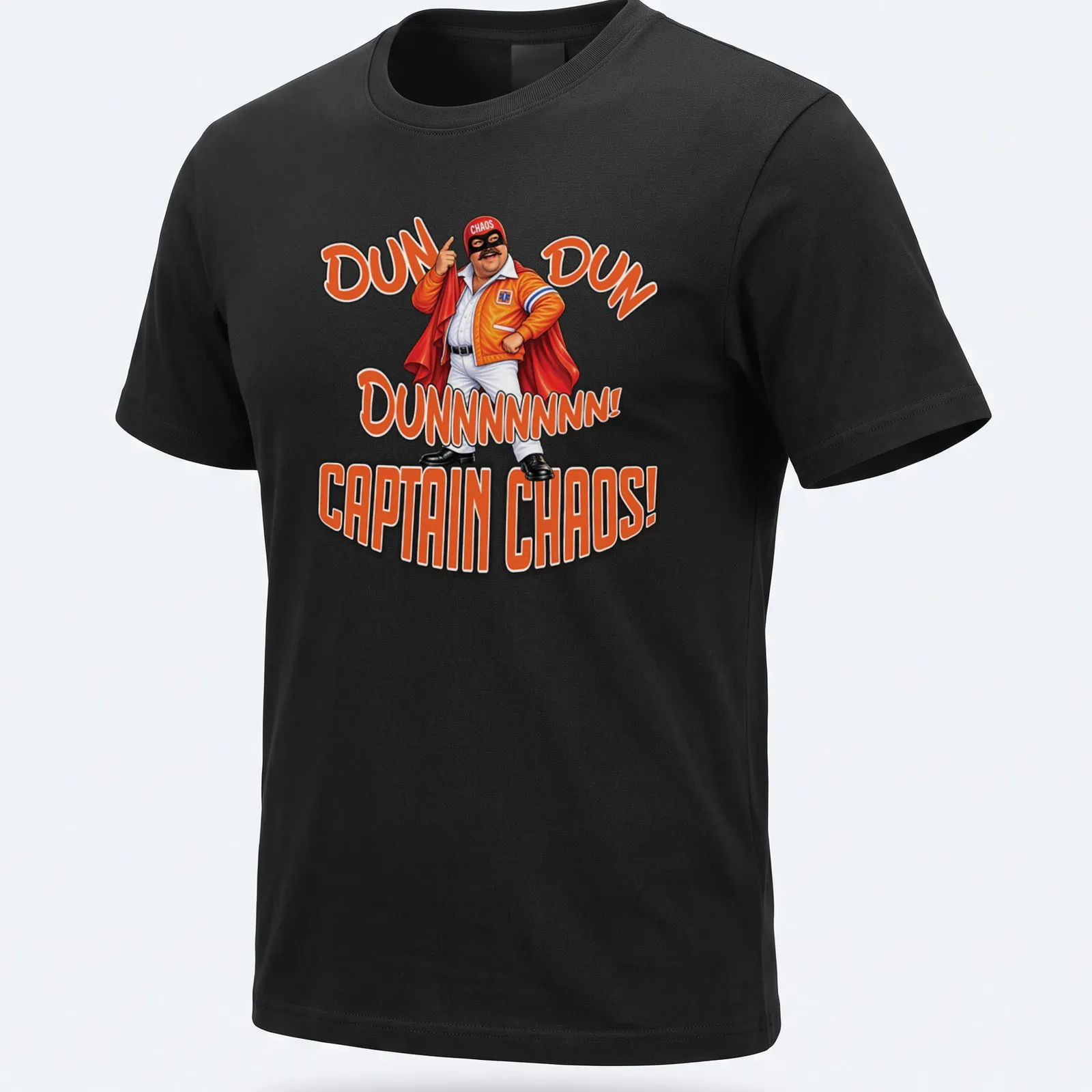 Bold cartoon print of a superhero with text "DUN DUN DUNNNNNNN! CAPTAIN CHAOS!" in orange and black. — printed on a unisex t-shirt