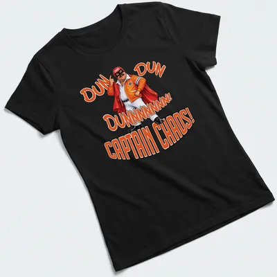 Bold cartoon print of a superhero with text "DUN DUN DUNNNNNNN! CAPTAIN CHAOS!" in orange and black. — printed on a women's shirt