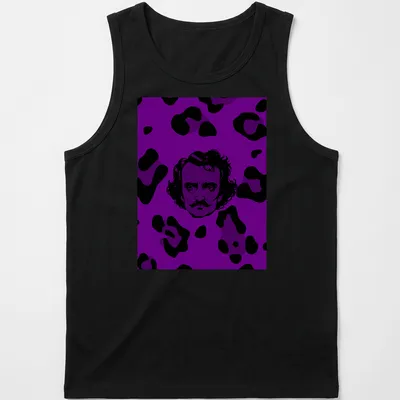 Edgar Allan Poe in leopard print, styled for Halloween with purple and black tones. — printed on a tank top