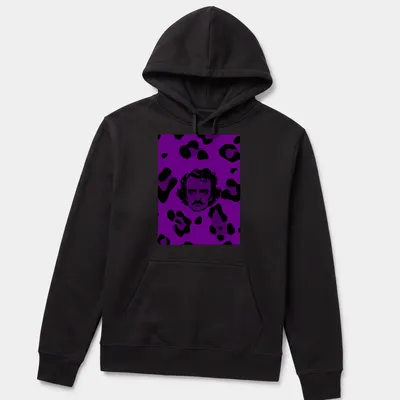 Edgar Allan Poe in leopard print, styled for Halloween with purple and black tones. — printed on a unisex hoodie
