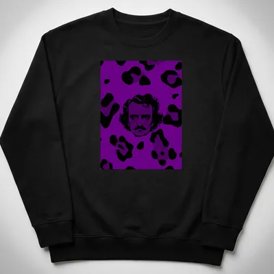 Edgar Allan Poe in leopard print, styled for Halloween with purple and black tones. — printed on a unisex sweatshirt