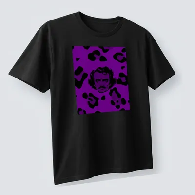 Edgar Allan Poe in leopard print, styled for Halloween with purple and black tones. — printed on a unisex t-shirt (angled view)