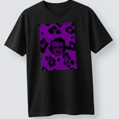Edgar Allan Poe in leopard print, styled for Halloween with purple and black tones.