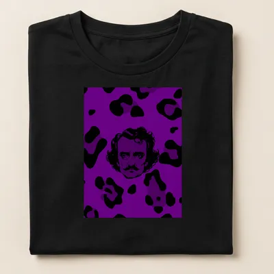 Edgar Allan Poe in leopard print, styled for Halloween with purple and black tones. — printed on a women's shirt
