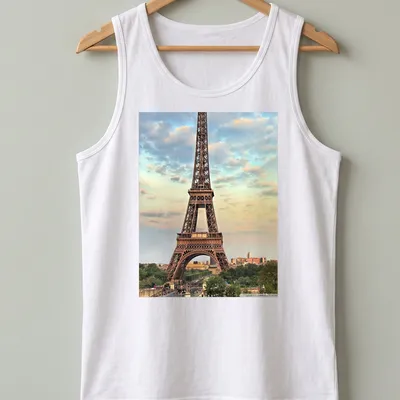 Photographic print of the Eiffel Tower in a colorful Paris landscape — printed on a tank top