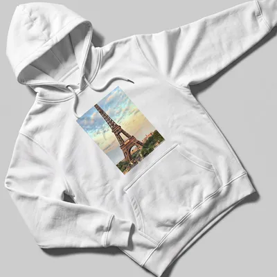 Photographic print of the Eiffel Tower in a colorful Paris landscape — printed on a unisex hoodie