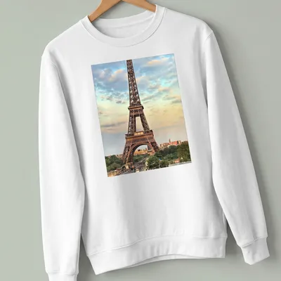 Photographic print of the Eiffel Tower in a colorful Paris landscape — printed on a unisex sweatshirt