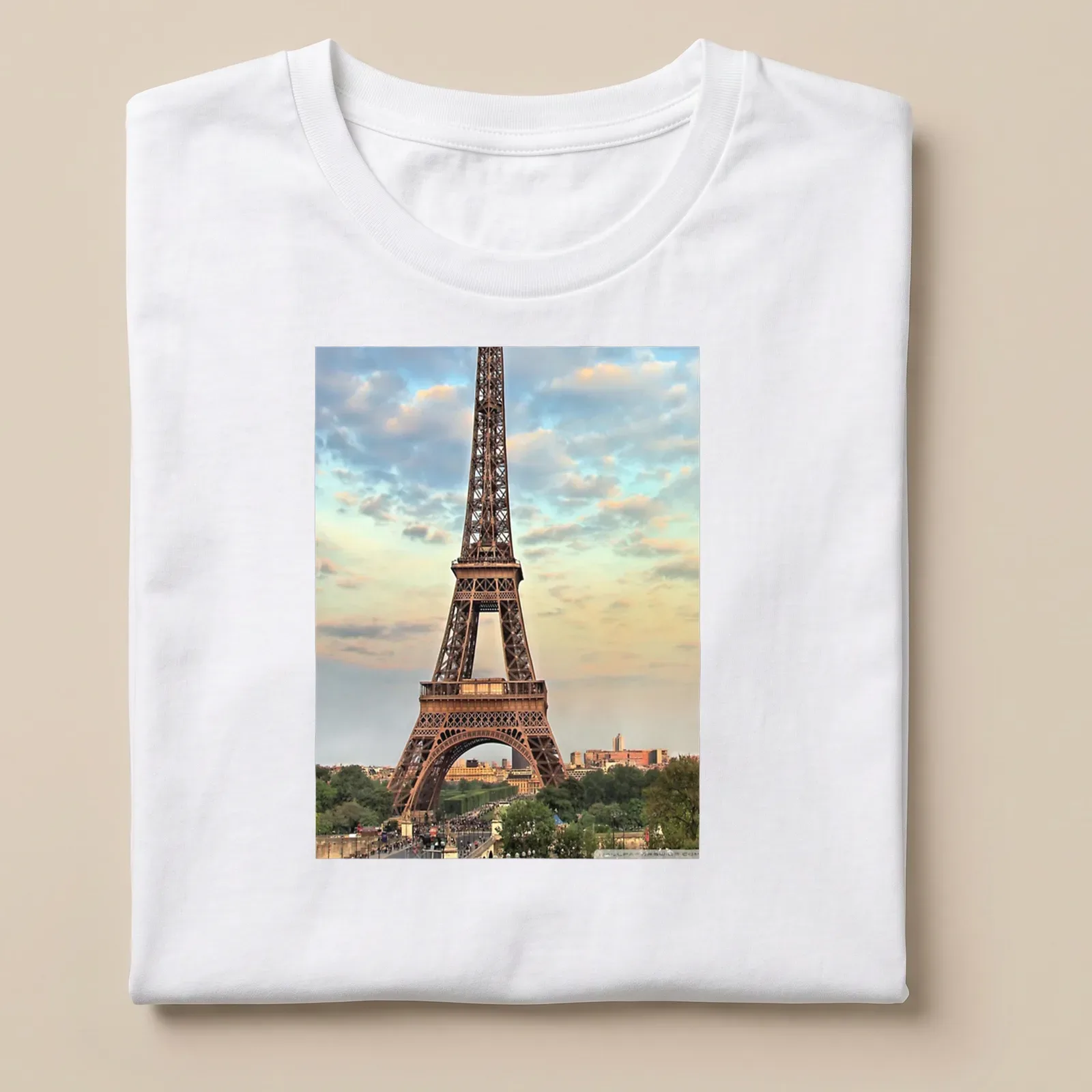 Photographic print of the Eiffel Tower in a colorful Paris landscape — printed on a unisex t-shirt