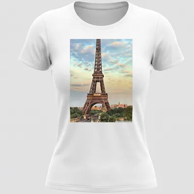 Photographic print of the Eiffel Tower in a colorful Paris landscape — printed on a women's shirt
