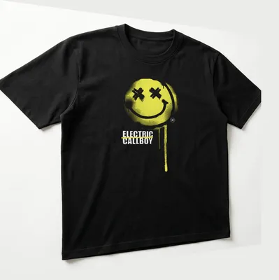 Graffiti style Electric Callboy tee featuring a playful smiley face — printed on a unisex t-shirt (angled view)