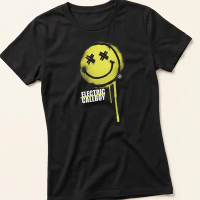 Graffiti style Electric Callboy tee featuring a playful smiley face — printed on a women's shirt