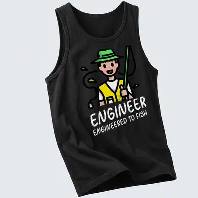 Kawaii line-art t-shirt with text and cheerful fishing theme. — printed on a tank top