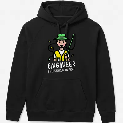Kawaii line-art t-shirt with text and cheerful fishing theme. — printed on a unisex hoodie