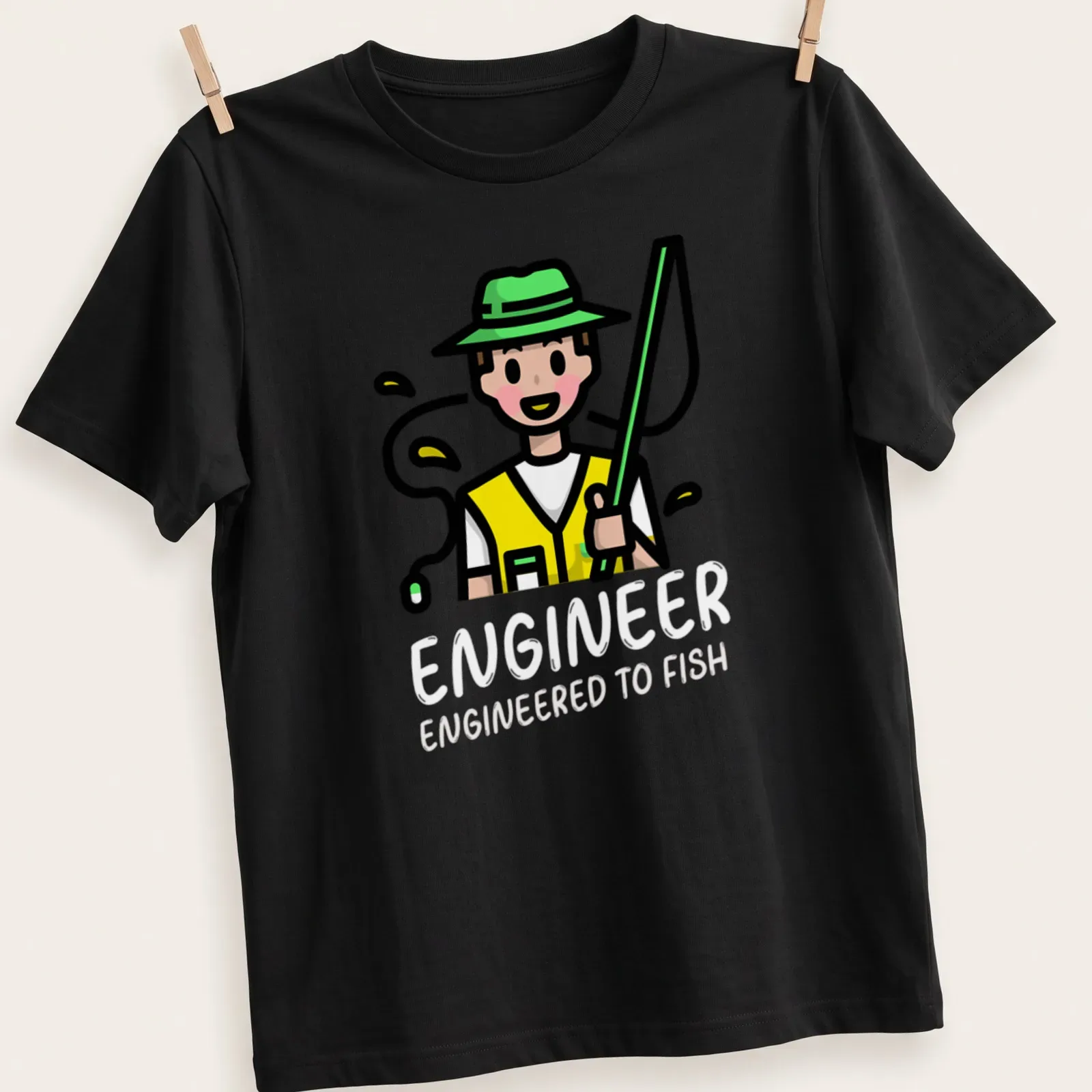 Kawaii line-art t-shirt with text and cheerful fishing theme. — printed on a unisex t-shirt