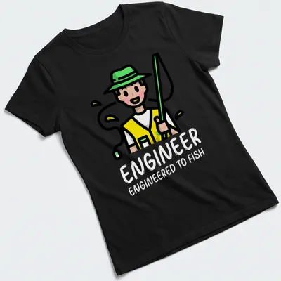 Kawaii line-art t-shirt with text and cheerful fishing theme. — printed on a women's shirt