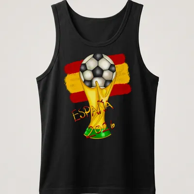 Colorful illustration of a soccer trophy with España 2026 text — printed on a tank top