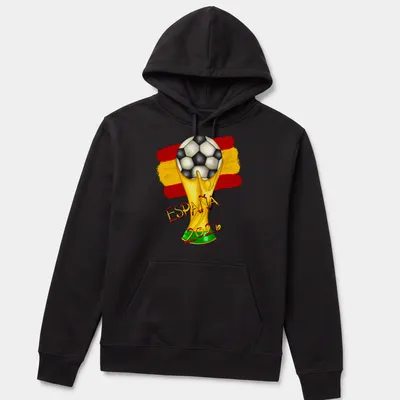 Colorful illustration of a soccer trophy with España 2026 text — printed on a unisex hoodie