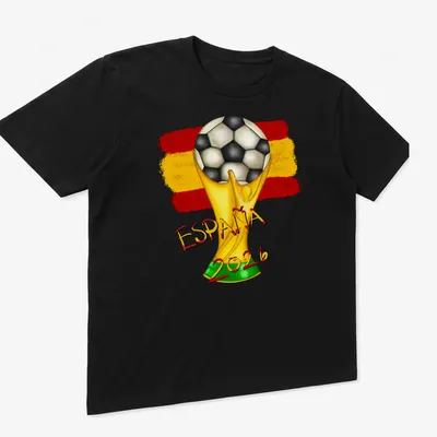 Colorful illustration of a soccer trophy with España 2026 text — printed on a unisex t-shirt (angled view)