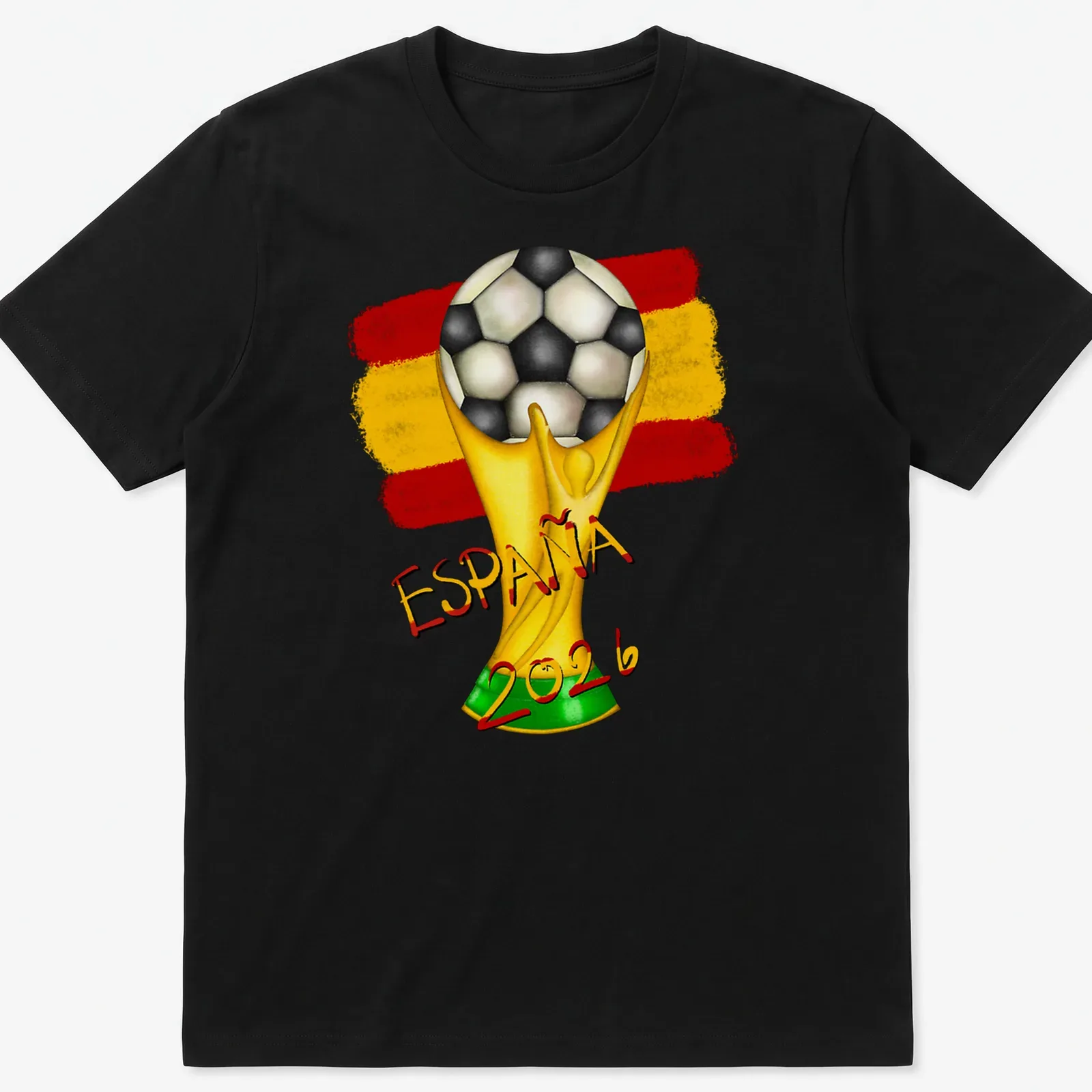 Colorful illustration of a soccer trophy with España 2026 text — printed on a unisex t-shirt