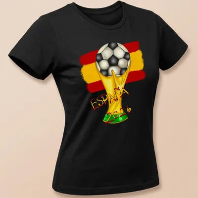 Colorful illustration of a soccer trophy with España 2026 text — printed on a women's shirt