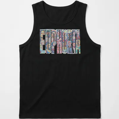 Euphoria character collage T-shirt with vibrant colors and bold text — printed on a tank top