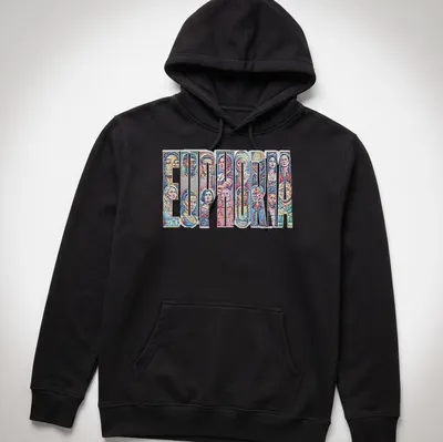 Euphoria character collage T-shirt with vibrant colors and bold text — printed on a unisex hoodie