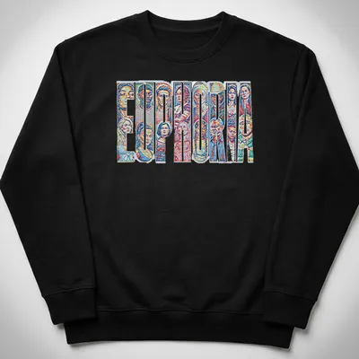 Euphoria character collage T-shirt with vibrant colors and bold text — printed on a unisex sweatshirt