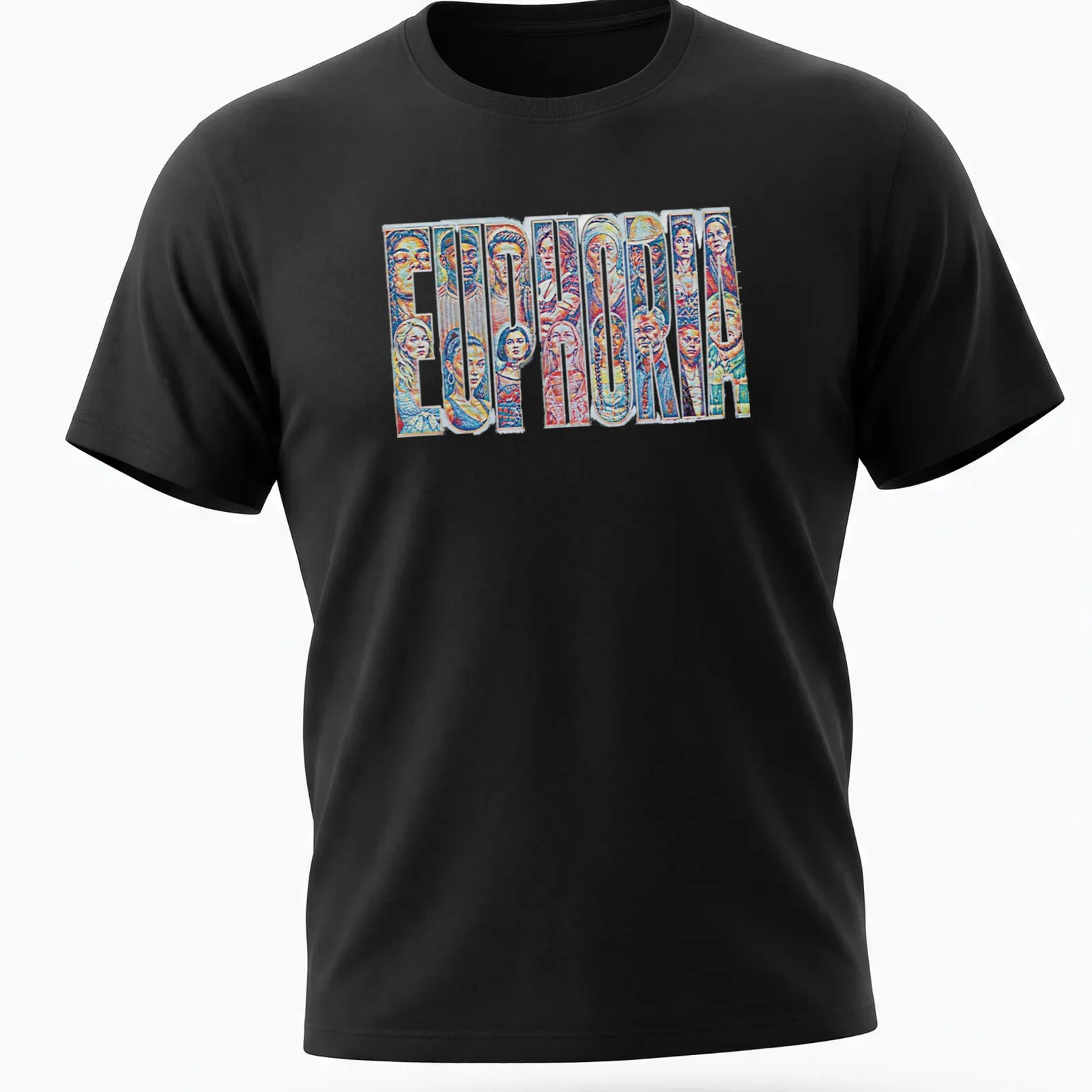 Euphoria character collage T-shirt with vibrant colors and bold text — printed on a unisex t-shirt