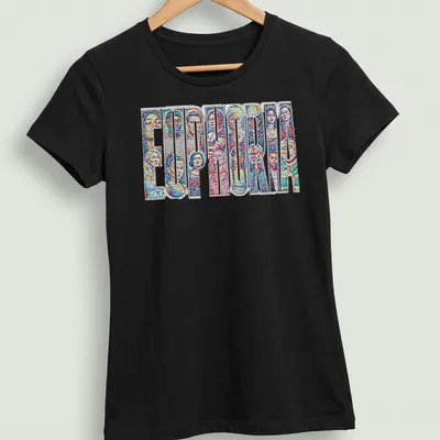 Euphoria character collage T-shirt with vibrant colors and bold text — printed on a women's shirt