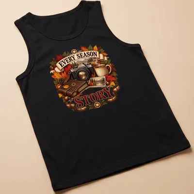 Vintage illustration of a camera, autumn leaves, and coffee mug with text about seasons. — printed on a tank top