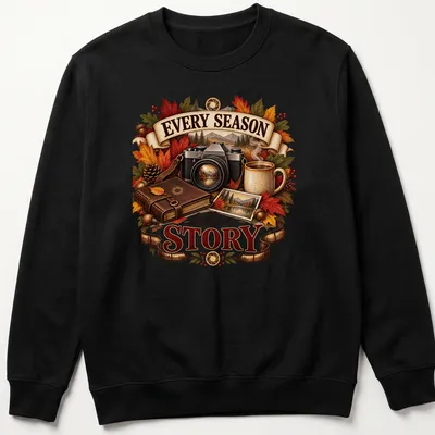 Vintage illustration of a camera, autumn leaves, and coffee mug with text about seasons. — printed on a unisex sweatshirt