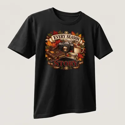 Vintage illustration of a camera, autumn leaves, and coffee mug with text about seasons. — printed on a unisex t-shirt (angled view)