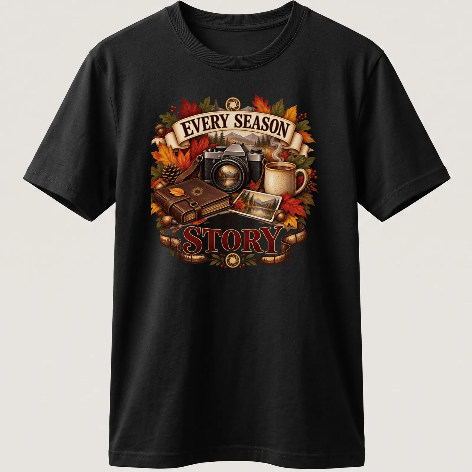Vintage illustration of a camera, autumn leaves, and coffee mug with text about seasons. — printed on a unisex t-shirt
