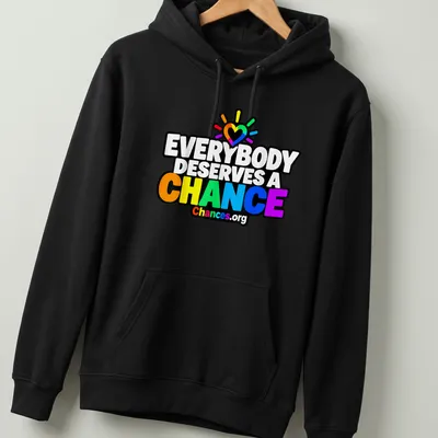 Colorful rainbow heart design with text promoting second chances — printed on a unisex hoodie