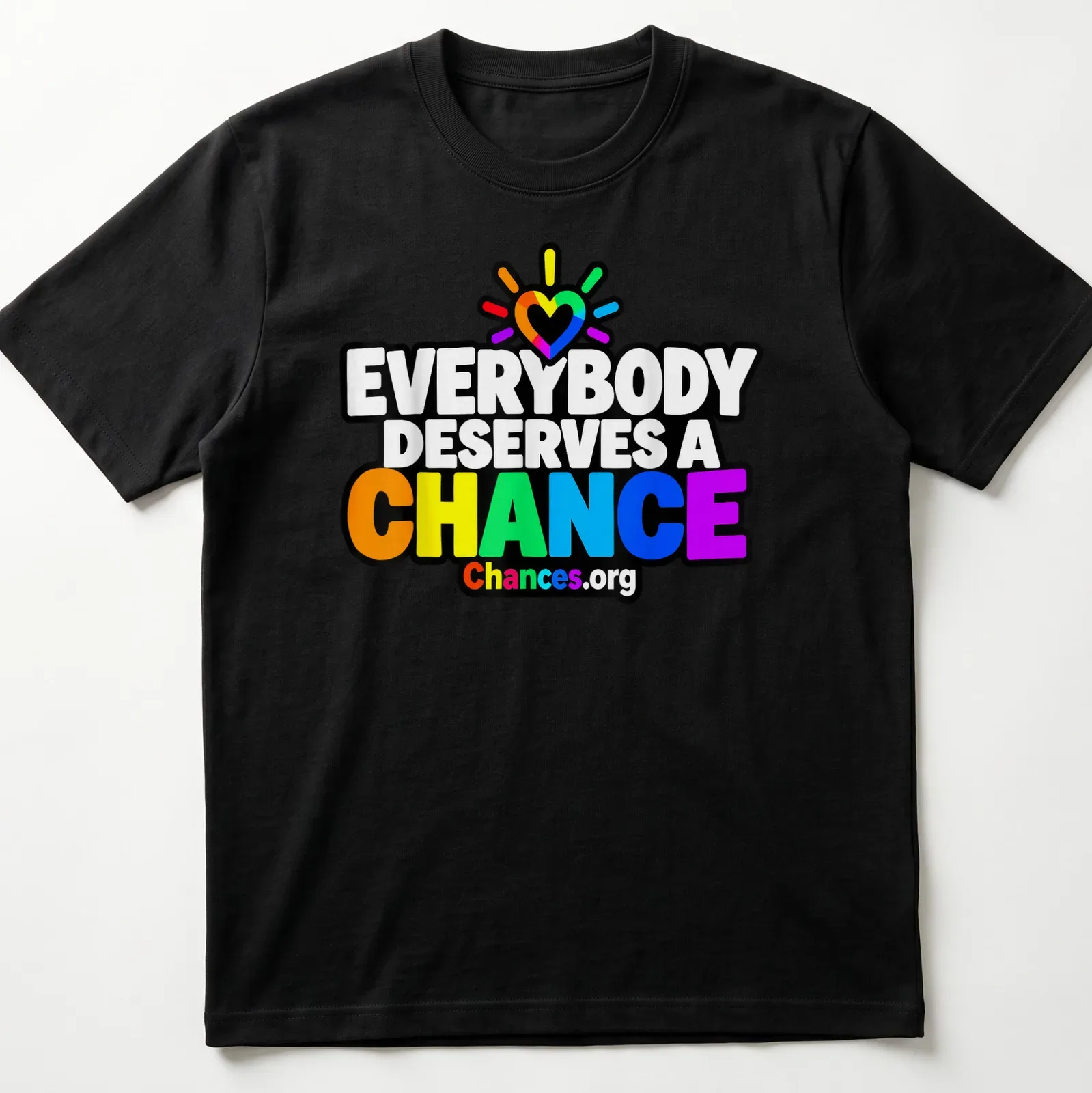 Colorful rainbow heart design with text promoting second chances — printed on a unisex t-shirt