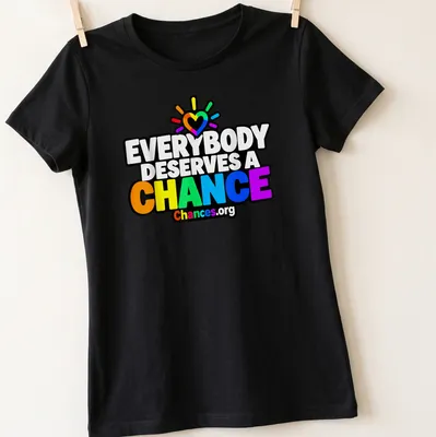 Colorful rainbow heart design with text promoting second chances — printed on a women's shirt