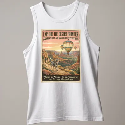 Vintage travel poster style T-shirt featuring an Australian Shepherd and hot air balloons — printed on a tank top